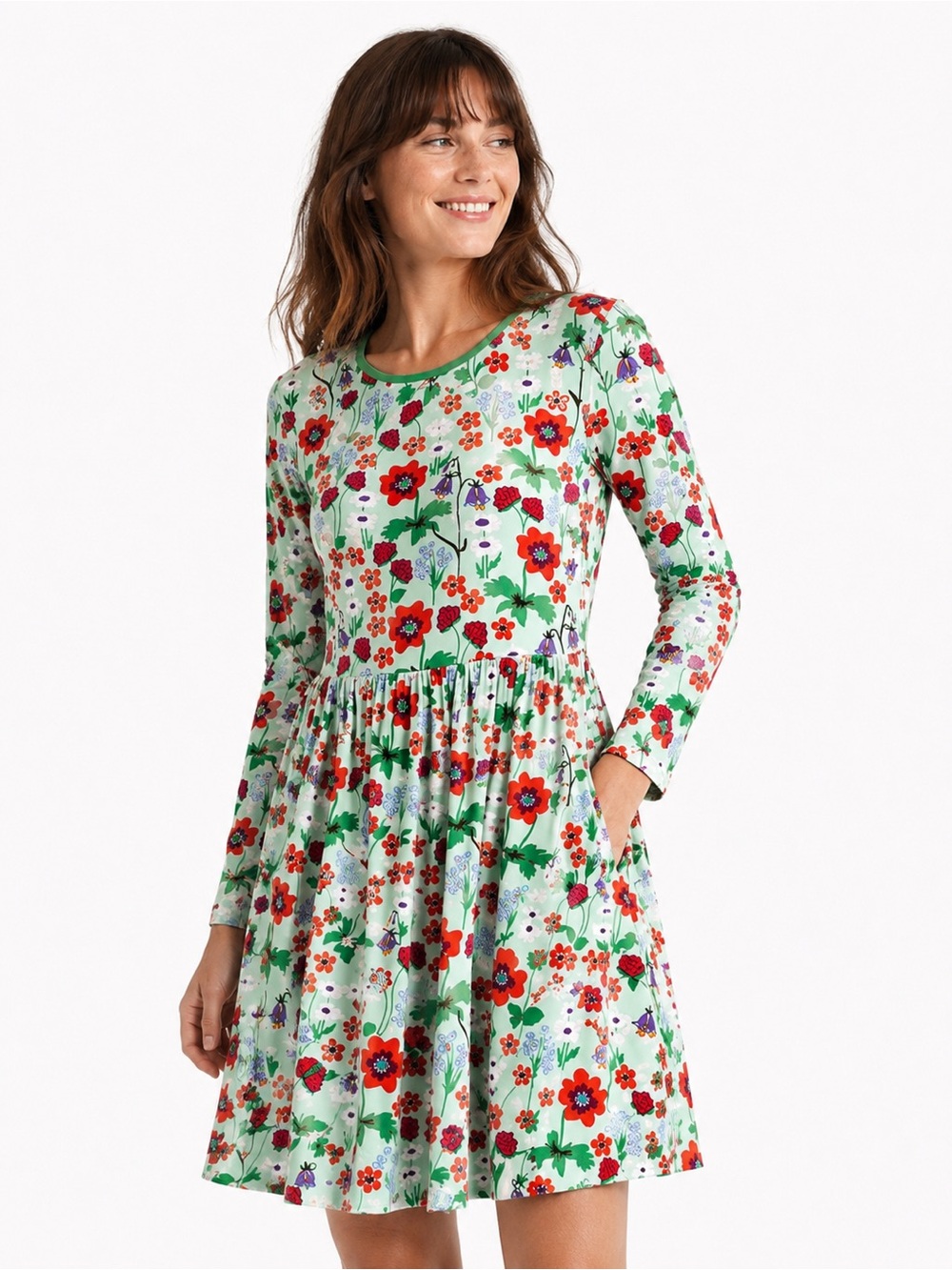 DUNS Sweden Organic Cotton Floral Long Sleeve Gathered Waist Dress Medium